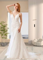 Helen | Boho Mermaid Spaghetti Strap Open Back White Lace Wedding Dress with Sweep Train - Price #price_variant_lowest# - White - PromDressClub